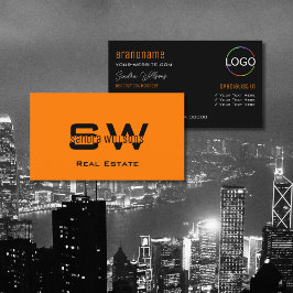 Snyggt Orange Black Modern med Monogram och Logoty Visitkort