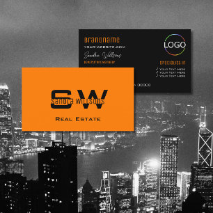 Snyggt Orange Black Modern med Monogram och Logoty Visitkort