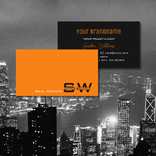 Snyggt Orange Black Modern med Monogram Simple Visitkort