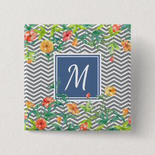 Snyggt Orange Blommigt Chevron Chic Blue Monogram Knapp