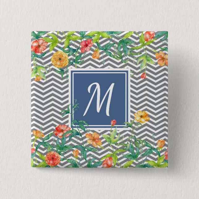 Snyggt Orange Blommigt Chevron Chic Blue Monogram Knapp (Framsida)