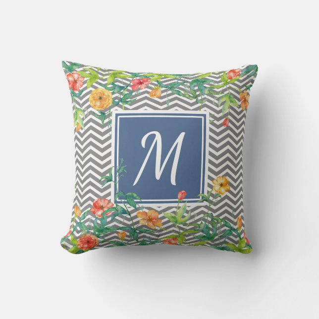 Snyggt Orange Blommigt Chevron Chic Blue Monogram Kudde (Framsida)