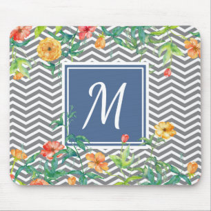 Snyggt Orange Blommigt Chevron Chic Blue Monogram Musmatta