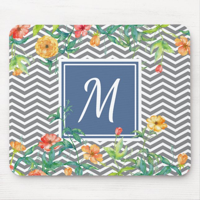 Snyggt Orange Blommigt Chevron Chic Blue Monogram Musmatta (Framsidan)