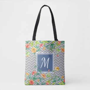 Snyggt Orange Blommigt Chevron Chic Blue Monogram Tygkasse
