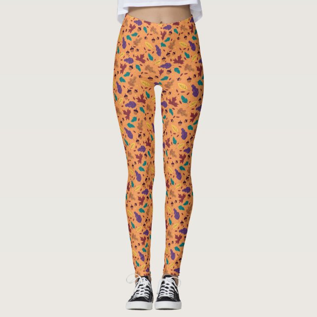 Snyggt Orange Löv Mönster Leggings (Framsida)