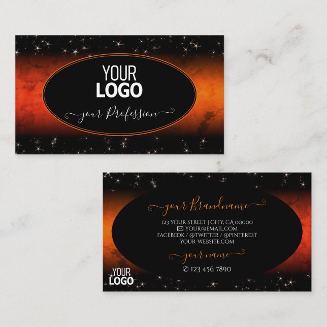 Snyggt Orange Marble Black Glitter Stars Add Logot Visitkort (Fram/baksida)