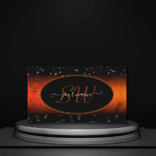 Snyggt Orange Marble Black Glitter Stars Monogram Visitkort