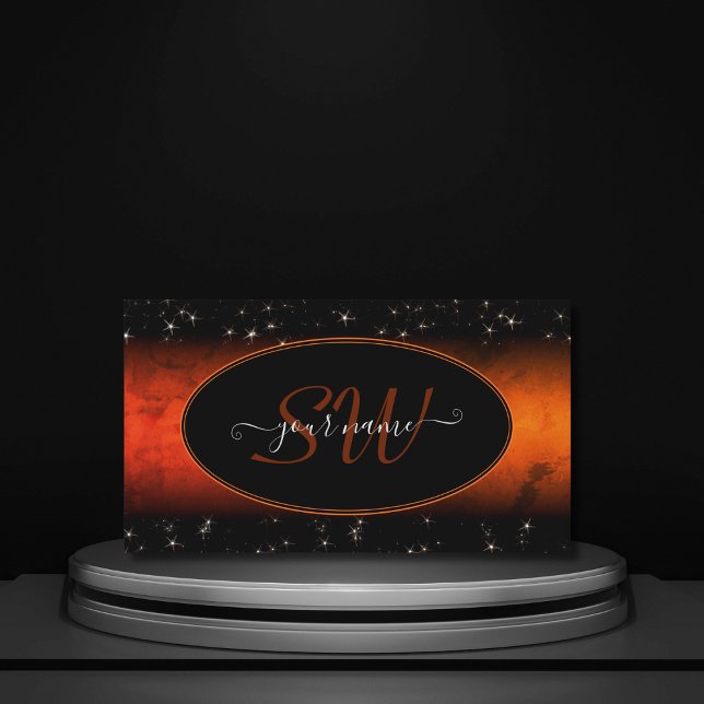 Snyggt Orange Marble Black Glitter Stars Monogram Visitkort (Skapare uppladdad)