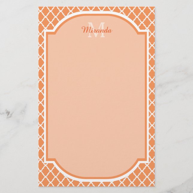 Snyggt Orange Quatrefoil Monogram med Namn Brevpapper (Framsida)