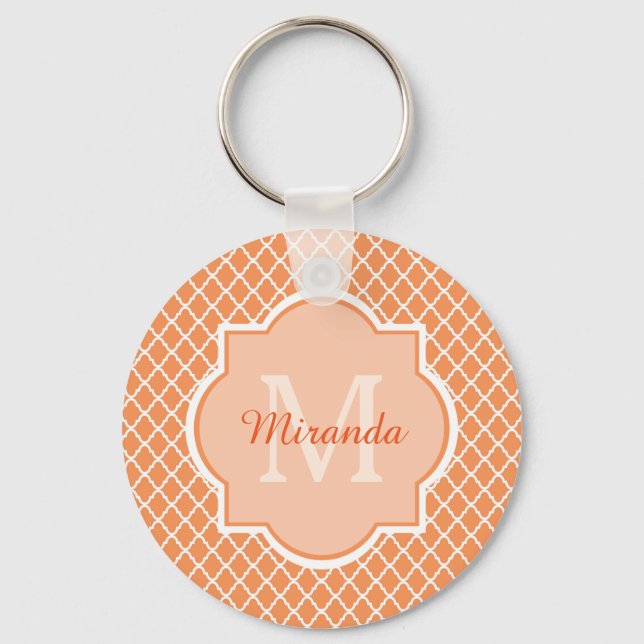 Snyggt Orange Quatrefoil Monogram med Namn Nyckelring (Framsida)
