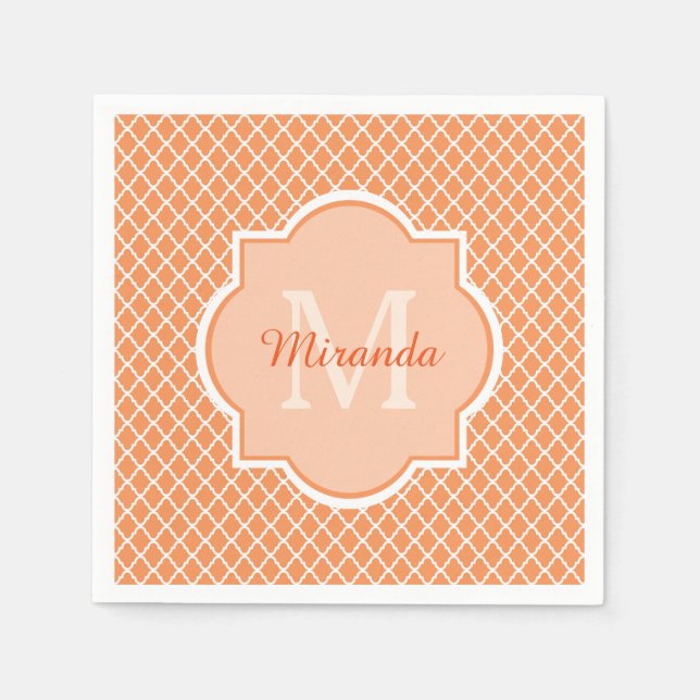 Snyggt Orange Quatrefoil Monogram med Namn Pappersservett (Framsidan)