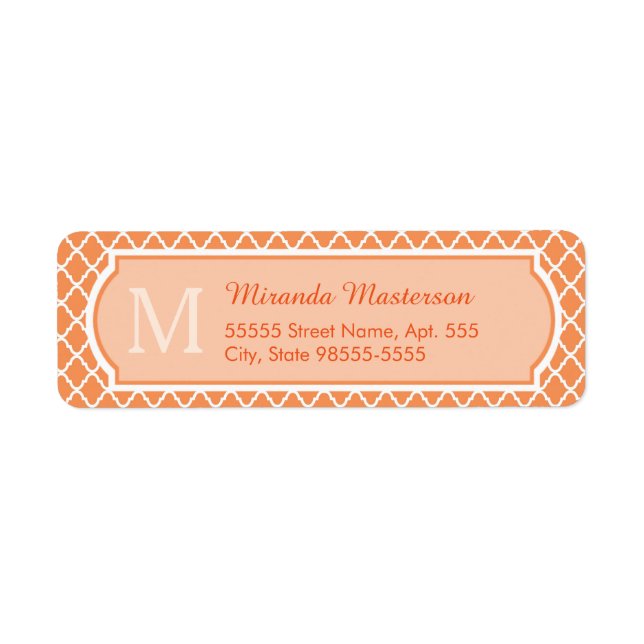 Snyggt Orange Quatrefoil Monogram med Namn Returadress Etikett (Framsidan)