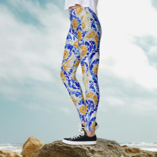 Snyggt Oriental Blue and Gult Blommigt Arabesque Leggings