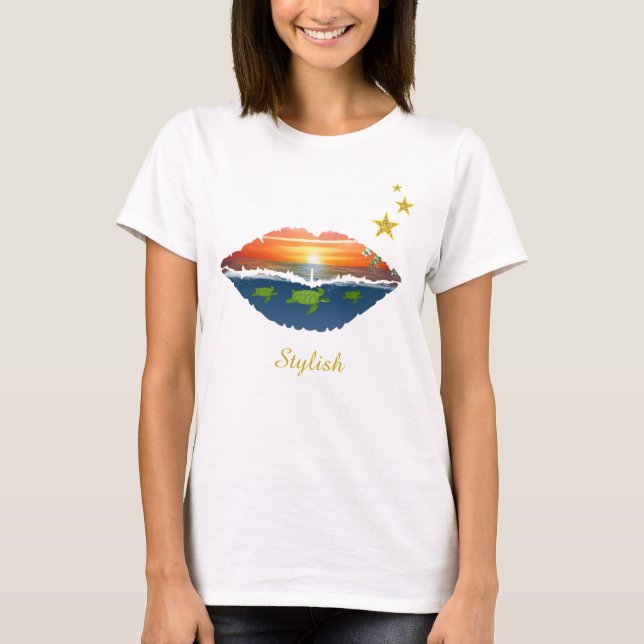 Snyggt Osoluppgång läppar, stjärnor och kalligrafi T Shirt (Framsida)