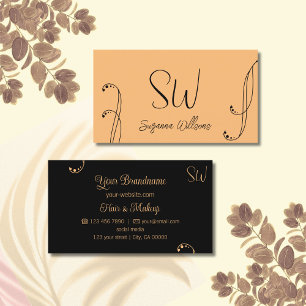 Snyggt Peach and Black Chic Ornate med Monogram Visitkort