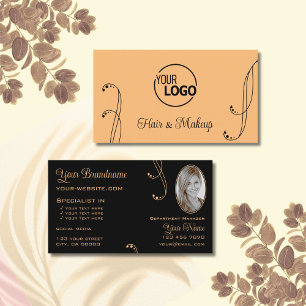 Snyggt Peach Black Ornate med Logotyp och foto Visitkort
