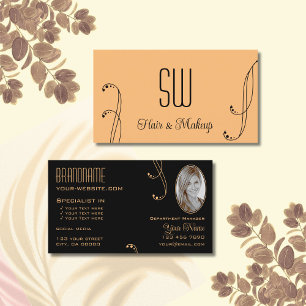 Snyggt Peach Black Ornate med Monogram och Photo Visitkort