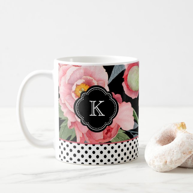 Snyggt Peonies och Polka dots med Monogram Kaffemugg (Med munk)