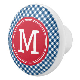 Snyggt Picnic Blue Gingham och Red Monogram Knopp