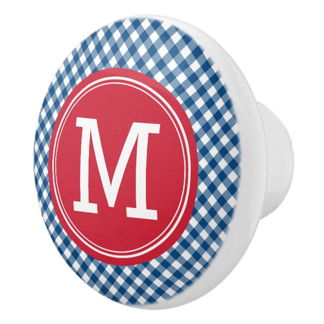 Snyggt Picnic Blue Gingham och Red Monogram Knopp (Höger)