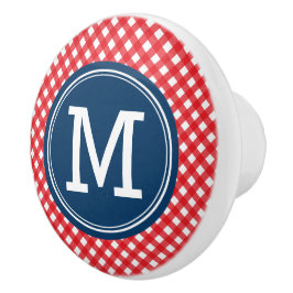 Snyggt Picnic Red Gingham och Blue Monogram Knopp
