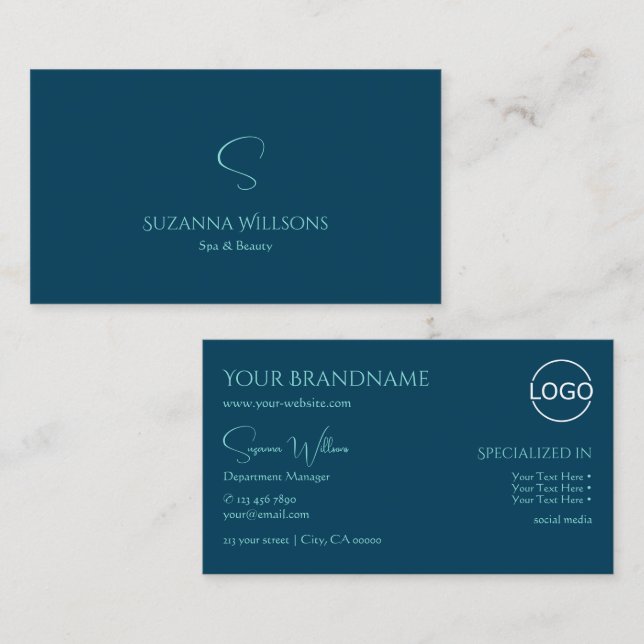 Snyggt Plain Ocean Blue med Monogram och Logotyp Visitkort (Fram/baksida)