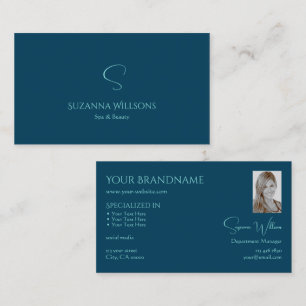 Snyggt Plain Ocean Blue med Monogram och Photo Visitkort