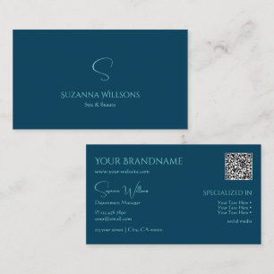 Snyggt Plain Ocean Blue med Monogram och QR-kod Visitkort