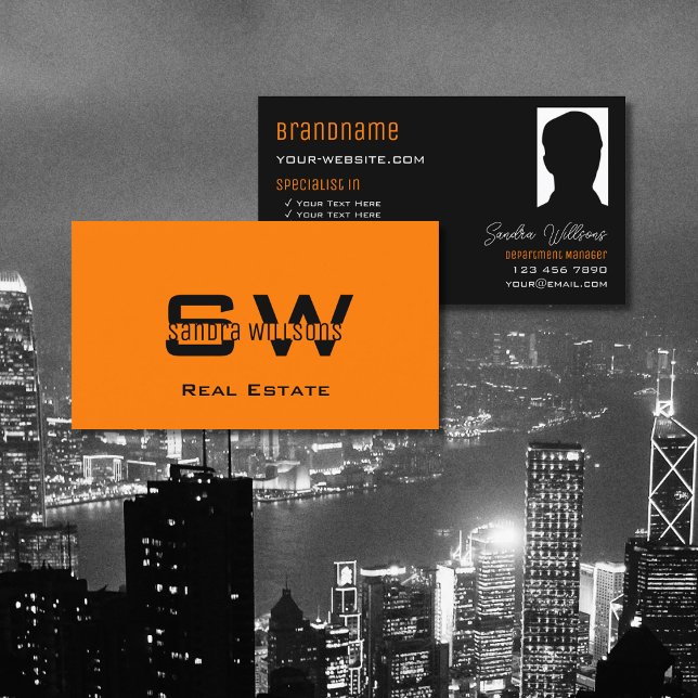 Snyggt Plain Orange Black med Monogram och Photo Visitkort (Skapare uppladdad)