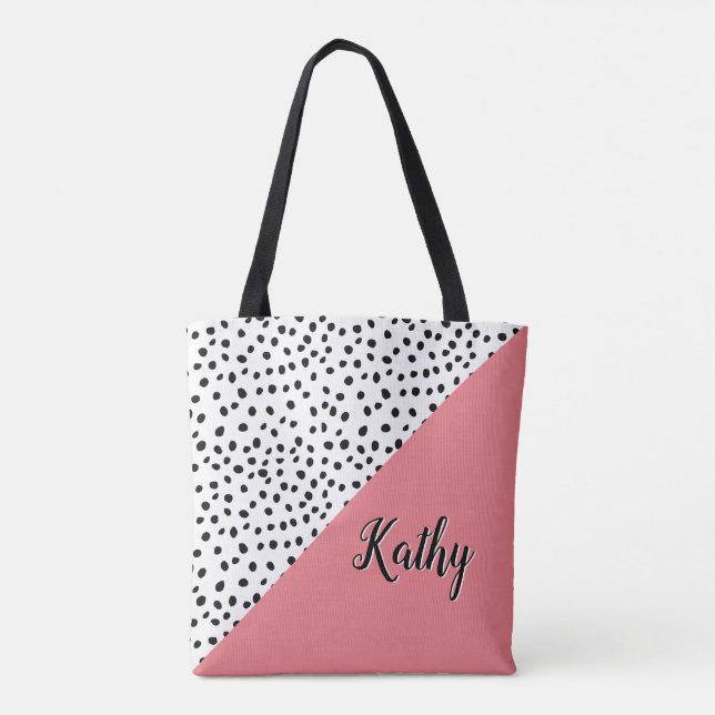Snyggt Polka Dot Rosa & Black med Namn Tote Bag Tygkasse (Baksida)