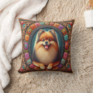 Snyggt Pommern Hund Blommigt Colorful Gräns Kudde