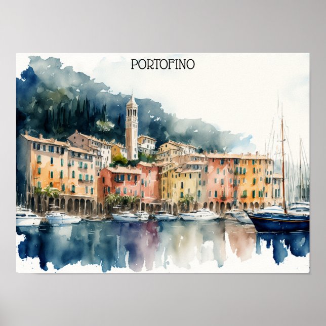 Snyggt Portofino Italien Vattenfärgsfärgning Poster (Framsidan)