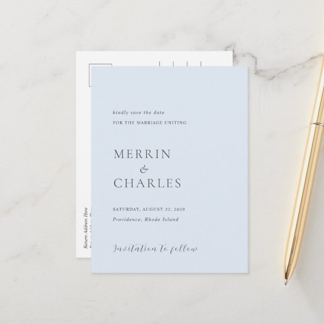 Snyggt Powder Blue Modern Bröllop spara datum Meddelande Vykort (Fram/Back In Situ)