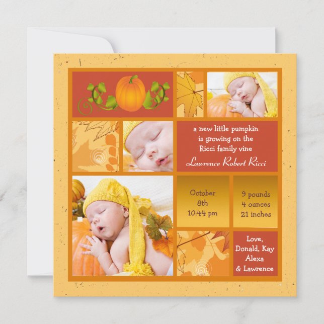 Snyggt Pumpkin Photo Square Birth Notice Meddelande (Framsida)