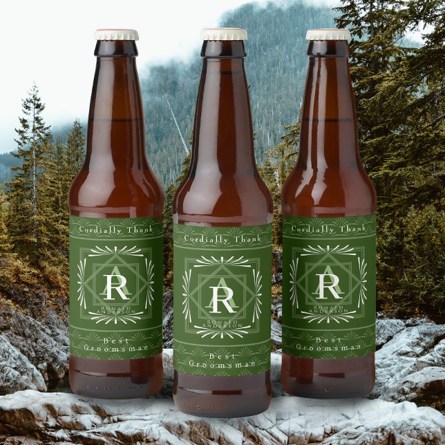 Snyggt Ram Grönt Monogram Ölflaska Etikett (Modern stylish Monogram Design. )