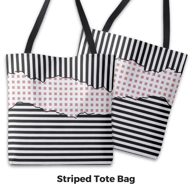 Snyggt Rand Net Layout Black, White & Rosa Tygkasse (Stylish Stripes Net Layered Black, White & Pink Tote Bag)