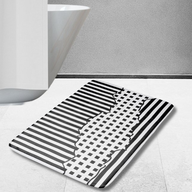 Snyggt Rand Oregelbundna brickor, svartvitt Badrumsmatta (Stylish Stripes Net Layered Black & White Bath Mat)