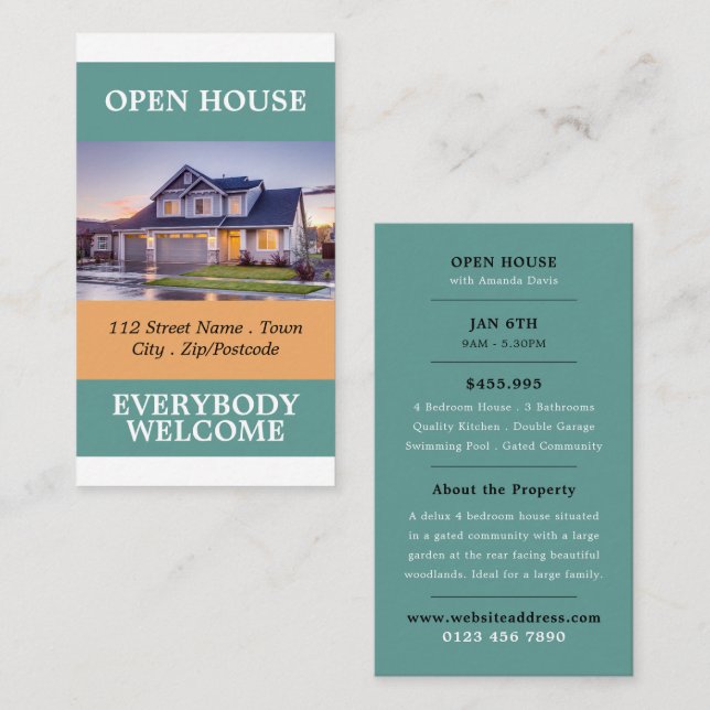 Snyggt Realtor Open House-reklamkort Visitkort (Fram/baksida)