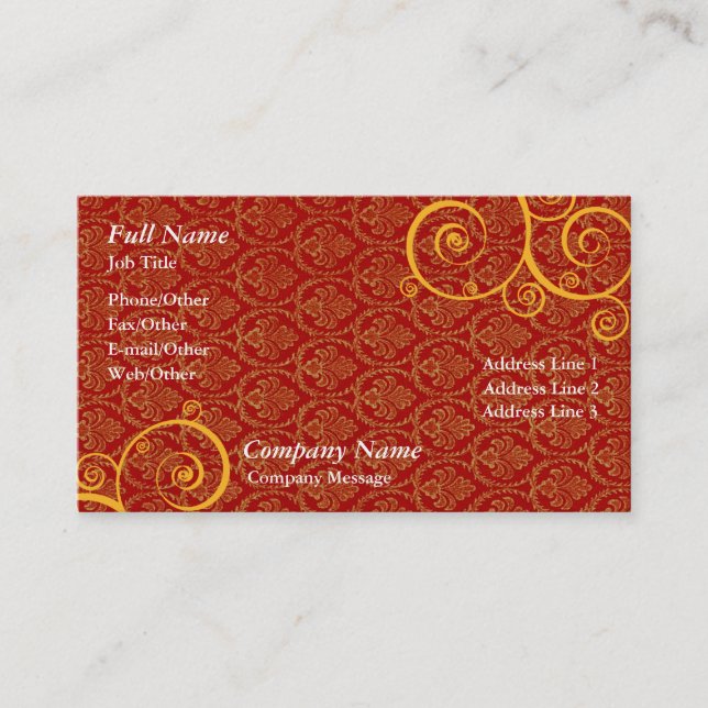 Snyggt Red and Guld Swirl Business Card-mall Visitkort (Framsida)