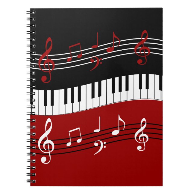 Snyggt Red Black White Piano Nycklar and Notes Anteckningsbok (Framsidan)