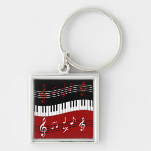 Snyggt Red Black White Piano Nycklar and Notes Fyrkantig Silverfärgad Nyckelring