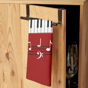 Snyggt Red Black White Piano Nycklar och Notes Kökshandduk