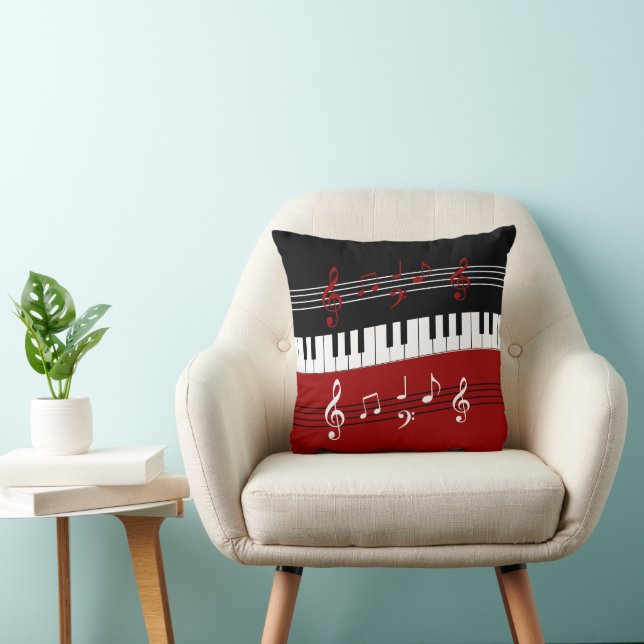 Snyggt Red Black White Piano Nycklar och Notes Kudde (Stol)