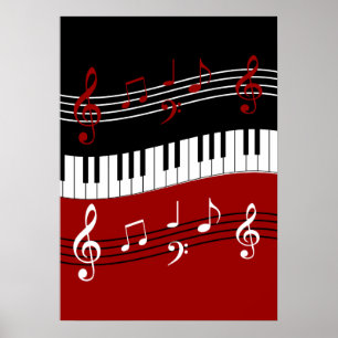 Snyggt Red Black White Piano Nycklar och Notes Poster