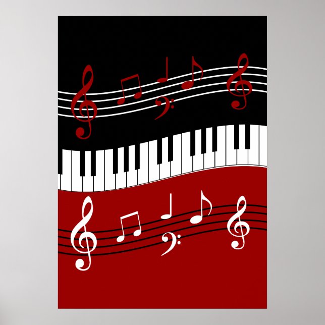 Snyggt Red Black White Piano Nycklar och Notes Poster (Framsidan)