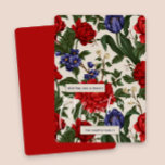 Snyggt Red BotanicalFloral God jul Script Julkort<br><div class="desc">Den vackra vintagen ser ut som blommigten skriver ut julhälsningskortet med snyggt söt rött och blå botaniska blommor med grönt löv på en taupbakgrund och med ett sjudande baksida av kortet. En ren jul hälsning med elegant,  vitt skript och personlig namn fyller i det här festkortet.</div>