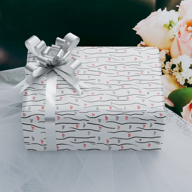 Snyggt Red Grått Hearts and Strippes Mönster Presentpapper (Skapare uppladdad)