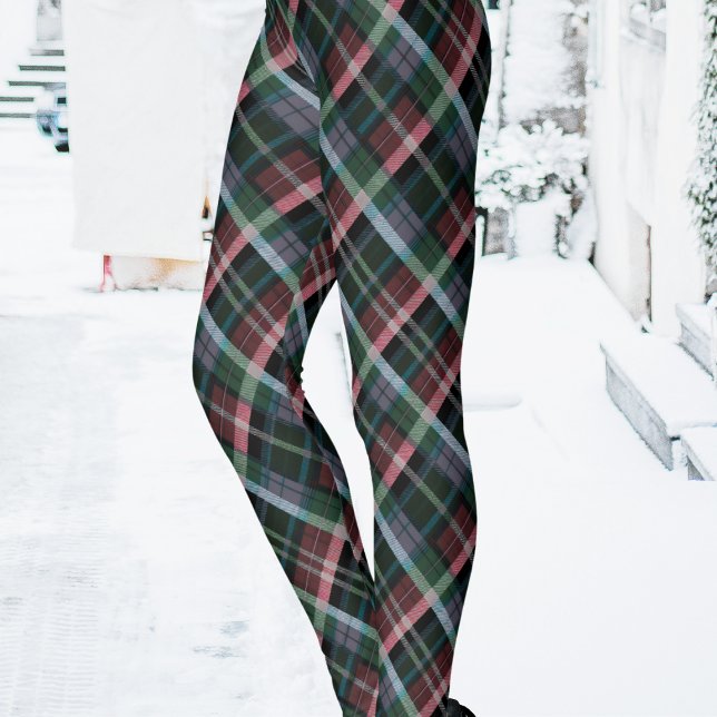 Snyggt Red Grönt Black Tartan Play Patterned Leggings (A trendy pair of women's leggings with tartan plaid pattern in dark colors)