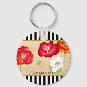 Snyggt Red Poppy Blommigt Black Rand med Namn Nyckelring